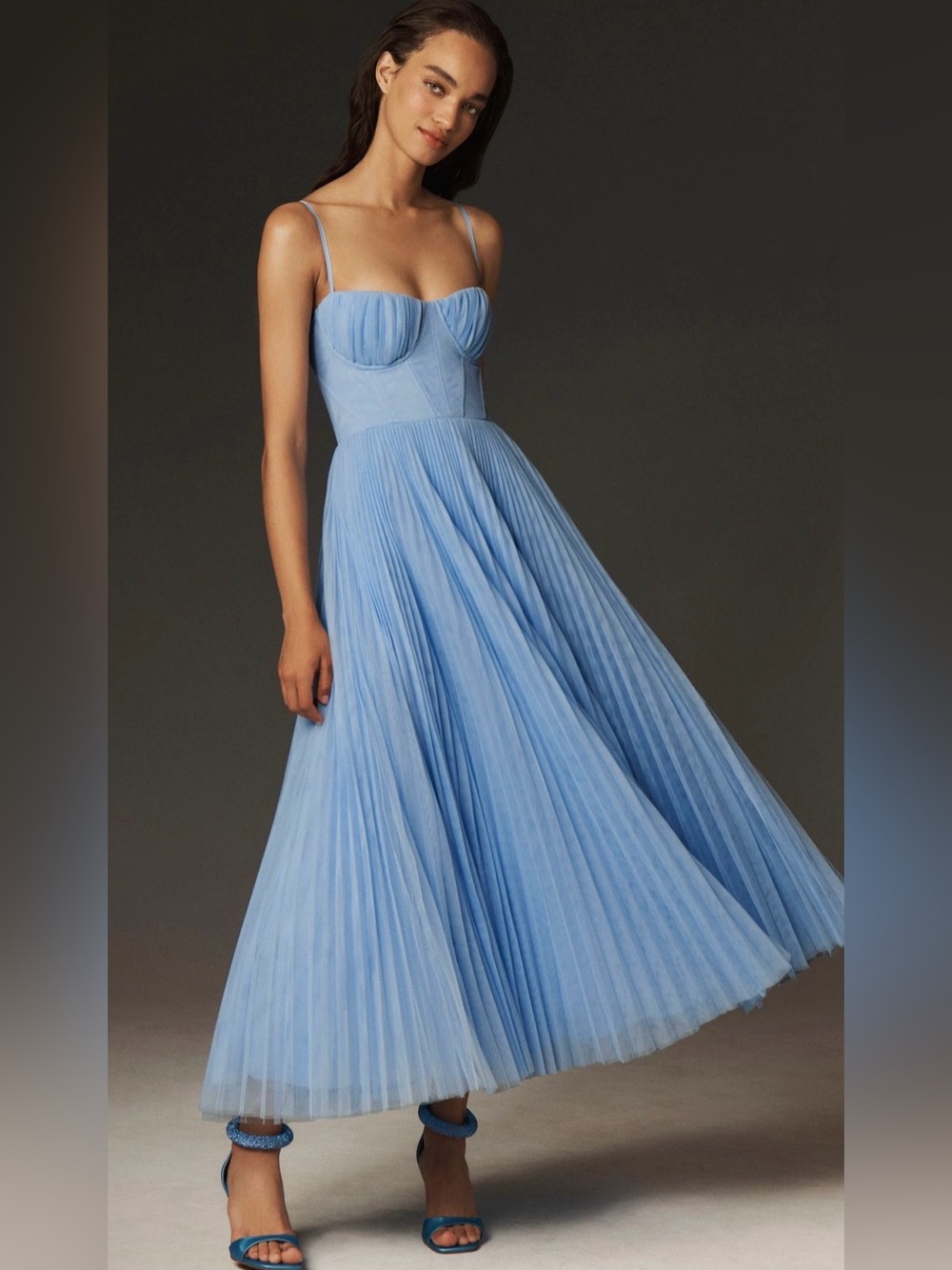 Hutch Sky Blue Amara Corset Pleated Tulle Fit & Flare
Midi Dress